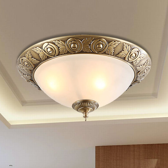 Antiqued Milky Glass Bedroom Ceiling Light with Brass Flush Mount - 2/3-Head - Available in 12", 16", and 19" Widths