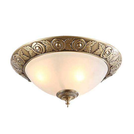Antiqued Milky Glass Bedroom Ceiling Light with Brass Flush Mount - 2/3-Head - Available in 12", 16", and 19" Widths