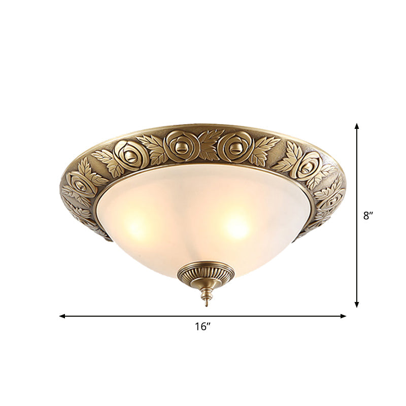 Antiqued Milky Glass Bedroom Ceiling Light with Brass Flush Mount - 2/3-Head - Available in 12", 16", and 19" Widths