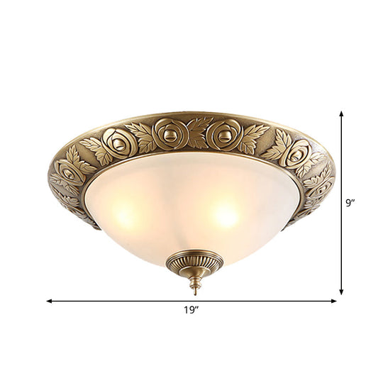 Antiqued Milky Glass Bedroom Ceiling Light with Brass Flush Mount - 2/3-Head - Available in 12", 16", and 19" Widths