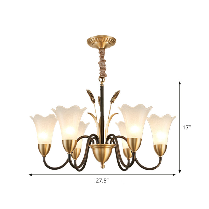 Country Style Mini Flower Pendulum Chandelier with Frosted Glass and Scroll Arm in Black/Gold - 6/8 Bulb Hanging Light