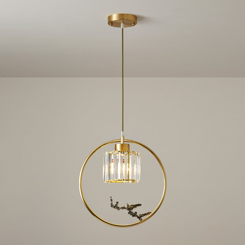 Modern Gold Circle Pendant with Crystal Cylinder Down Lighting for Dining Room – Includes Decorative Bird/Dragonfly