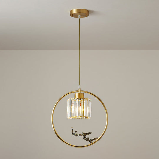 Modern Gold Circle Pendant with Crystal Cylinder Down Lighting for Dining Room – Includes Decorative Bird/Dragonfly