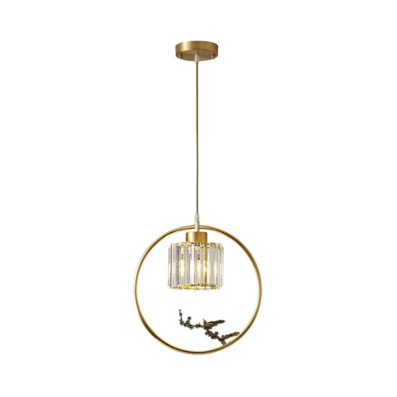 Modern Gold Circle Pendant with Crystal Cylinder Down Lighting for Dining Room – Includes Decorative Bird/Dragonfly