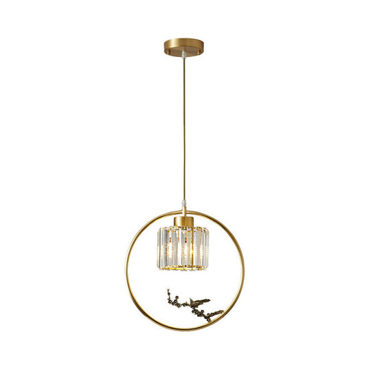 Modern Gold Circle Pendant with Crystal Cylinder Down Lighting for Dining Room – Includes Decorative Bird/Dragonfly