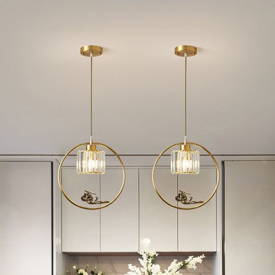 Modern Gold Circle Pendant with Crystal Cylinder Down Lighting for Dining Room – Includes Decorative Bird/Dragonfly