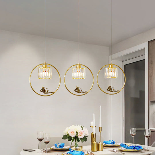 Modern Gold Circle Pendant with Crystal Cylinder Down Lighting for Dining Room – Includes Decorative Bird/Dragonfly