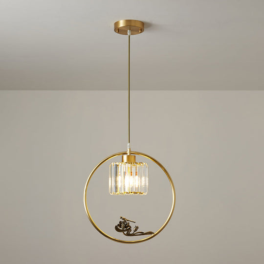 Modern Gold Circle Pendant with Crystal Cylinder Down Lighting for Dining Room – Includes Decorative Bird/Dragonfly