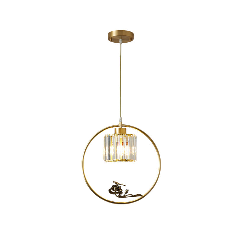 Modern Gold Circle Pendant with Crystal Cylinder Down Lighting for Dining Room – Includes Decorative Bird/Dragonfly