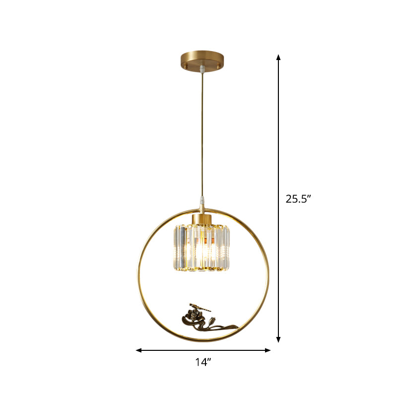 Modern Gold Circle Pendant with Crystal Cylinder Down Lighting for Dining Room – Includes Decorative Bird/Dragonfly