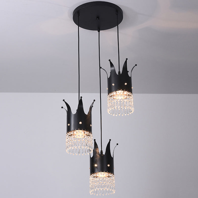 Modern Black Crystal Droplet Crown Island Lighting Kit - 3 Bulbs, Linear/Round Canopy, Multi Hanging Lamp