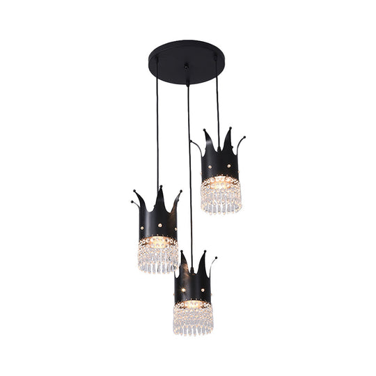 Modern Black Crystal Droplet Crown Island Lighting Kit - 3 Bulbs, Linear/Round Canopy, Multi Hanging Lamp