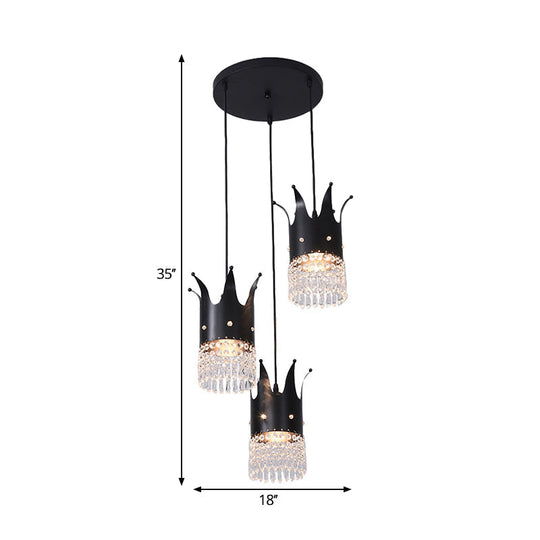 Modern Black Crystal Droplet Crown Island Lighting Kit - 3 Bulbs, Linear/Round Canopy, Multi Hanging Lamp