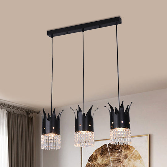 Modern Black Crystal Droplet Crown Island Lighting Kit - 3 Bulbs, Linear/Round Canopy, Multi Hanging Lamp
