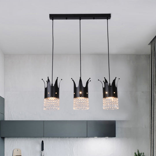 Modern Black Crystal Droplet Crown Island Lighting Kit - 3 Bulbs, Linear/Round Canopy, Multi Hanging Lamp