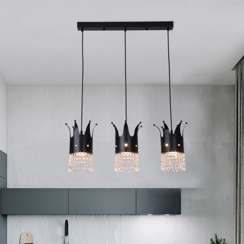 Modern Black Crystal Droplet Crown Island Lighting Kit - 3 Bulbs, Linear/Round Canopy, Multi Hanging Lamp