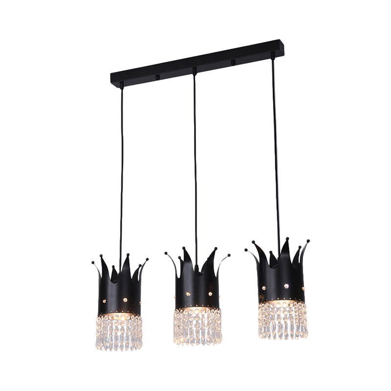 Modern Black Crystal Droplet Crown Island Lighting Kit - 3 Bulbs, Linear/Round Canopy, Multi Hanging Lamp