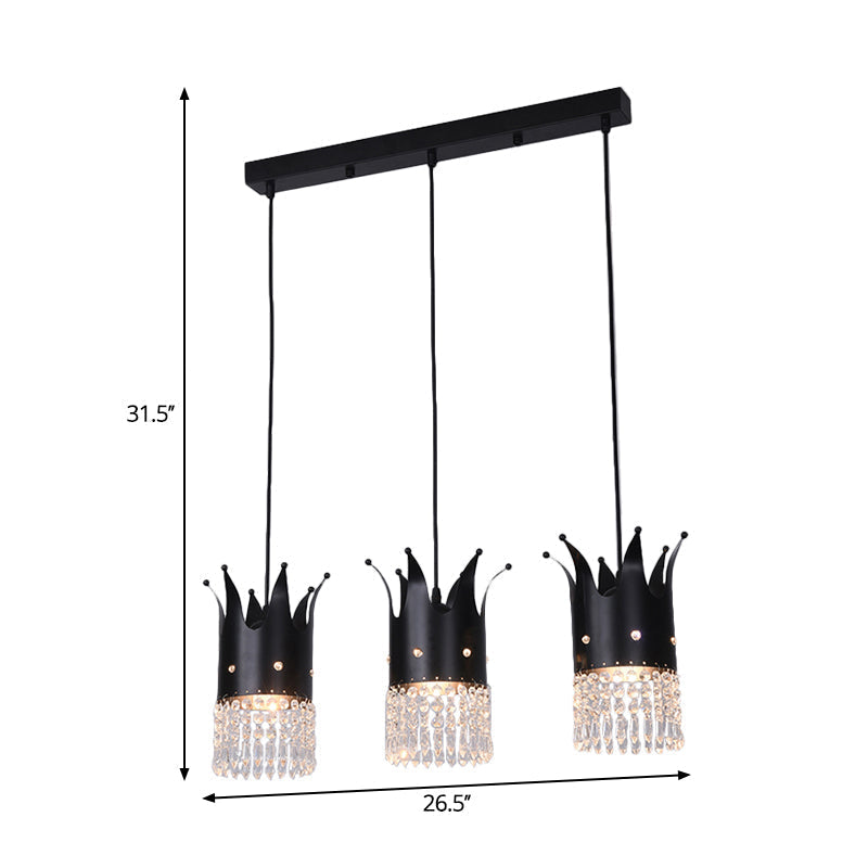 Modern Black Crystal Droplet Crown Island Lighting Kit - 3 Bulbs, Linear/Round Canopy, Multi Hanging Lamp