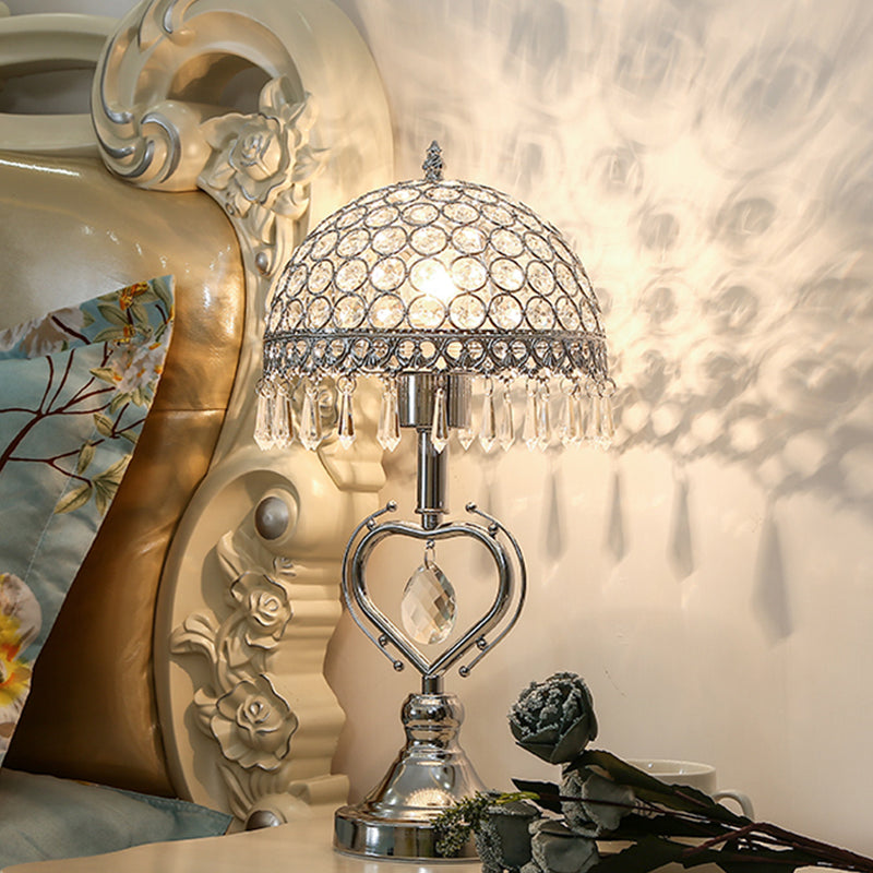 Contemporary Chrome Metal Table Lamp with Crystal-Encrusted Half Sphere Design and Droplets - 1 Head Nightstand Light