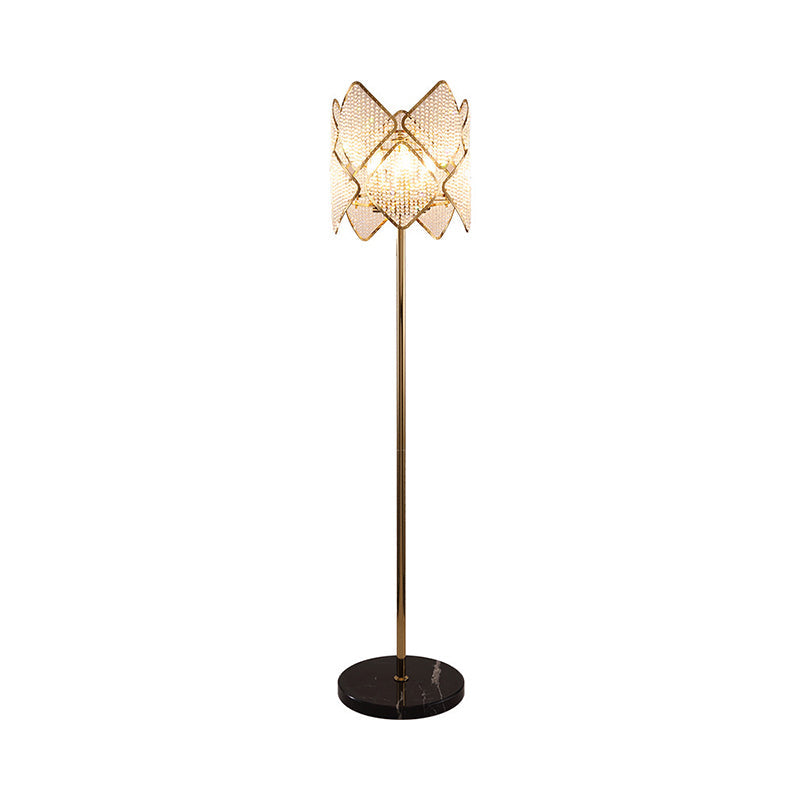 Modern Round Parlor Floor Lamp with Clear Crystal Strand, 1 Head Gold/Chrome Light & Rhombus Design