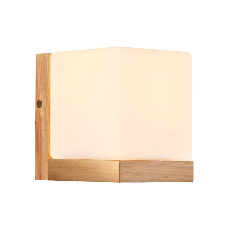 Japanese Style Opal Glass Wood Cube Wall Lamp with 1 Light - Hotel Restaurant White Wall Light
