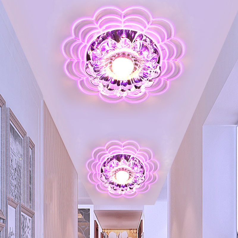 Contemporary LED Flush Mount Crystal Glass Ceiling Fixture - Stainless-Steel, Warm/White/Multi Color Light