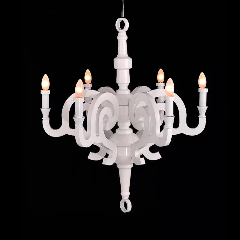 Wooden Candlestick Chandelier - Traditional 6-Head Pendant Light for Living Room Ceiling, White