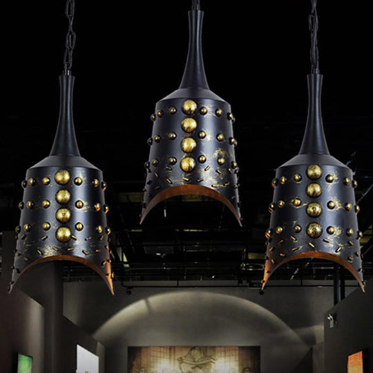 Black Iron Cone Pendant Light Set with 3 Hanging Ceiling Fixtures and Ruffle Edge for Kitchen Cluster