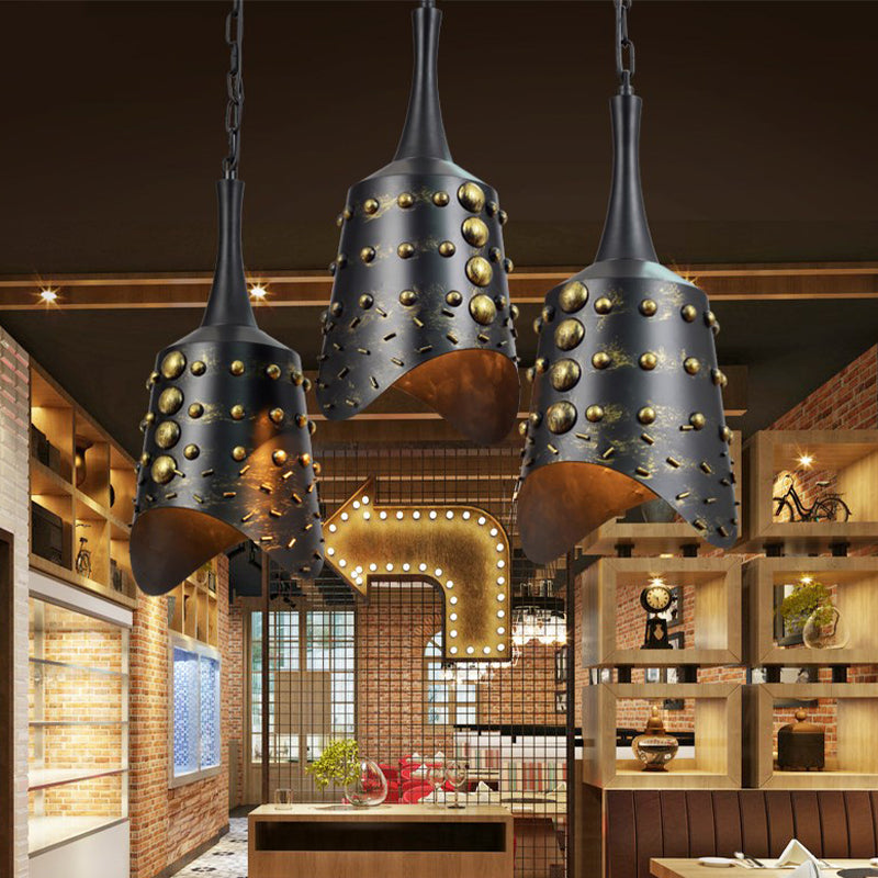 Black Iron Cone Pendant Light Set with 3 Hanging Ceiling Fixtures and Ruffle Edge for Kitchen Cluster