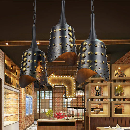 Black Iron Cone Pendant Light Set with 3 Hanging Ceiling Fixtures and Ruffle Edge for Kitchen Cluster
