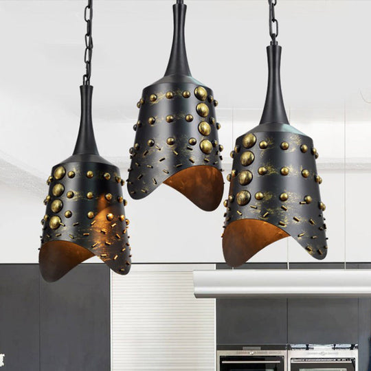 Black Iron Cone Pendant Light Set with 3 Hanging Ceiling Fixtures and Ruffle Edge for Kitchen Cluster
