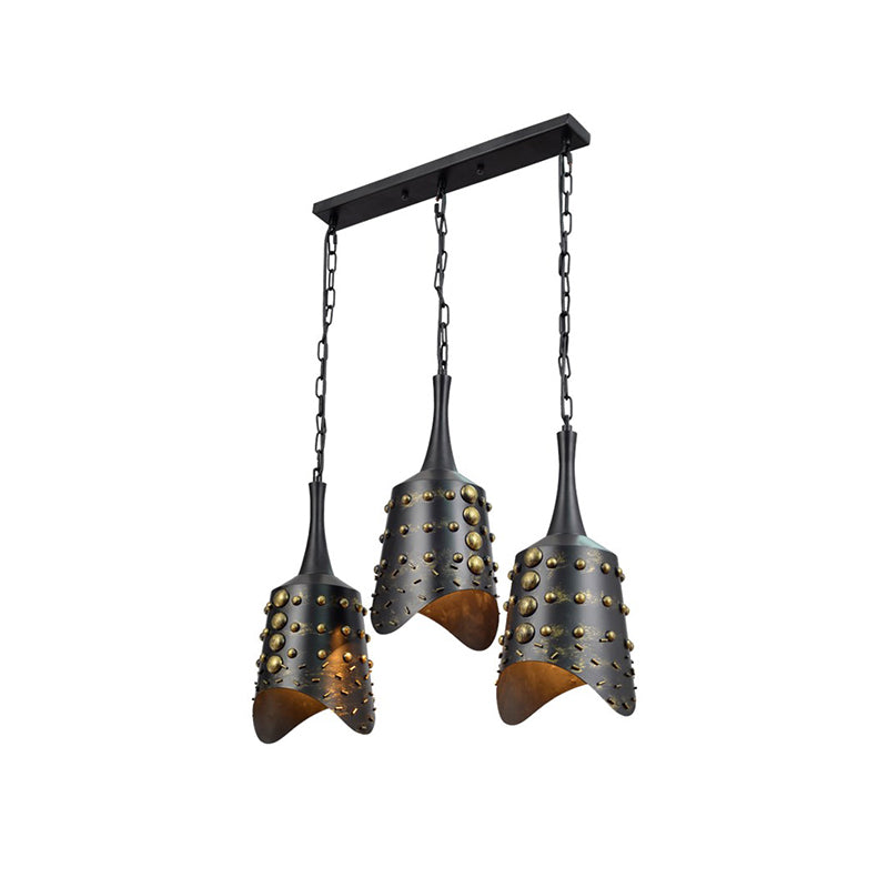 Black Iron Cone Pendant Light Set with 3 Hanging Ceiling Fixtures and Ruffle Edge for Kitchen Cluster