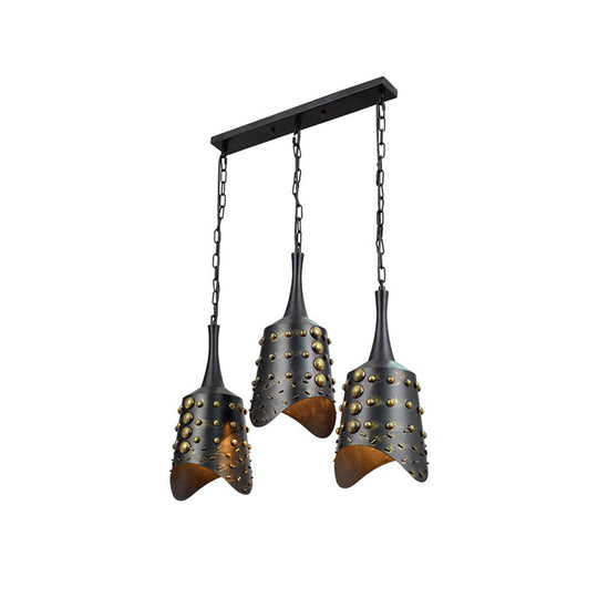 Black Iron Cone Pendant Light Set with 3 Hanging Ceiling Fixtures and Ruffle Edge for Kitchen Cluster