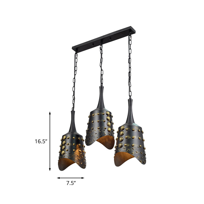 Black Iron Cone Pendant Light Set with 3 Hanging Ceiling Fixtures and Ruffle Edge for Kitchen Cluster