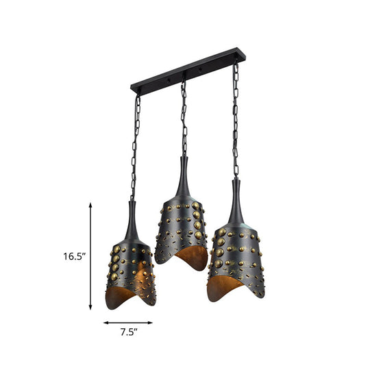 Black Iron Cone Pendant Light Set with 3 Hanging Ceiling Fixtures and Ruffle Edge for Kitchen Cluster