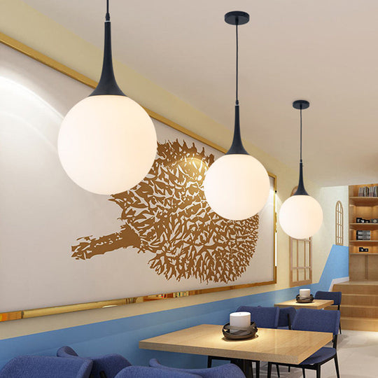 Modern Opal Glass Raindrop Pendant Lamp | 6"/10" Dia | 1 Bulb | Black | Dining Table Hanging Light with Venting Hole