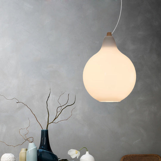 Frosted White Glass Ceiling Pendant with Wood Top - Bellied Dinette Suspension Light, Simplicity Design