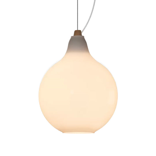 Frosted White Glass Ceiling Pendant with Wood Top - Bellied Dinette Suspension Light, Simplicity Design