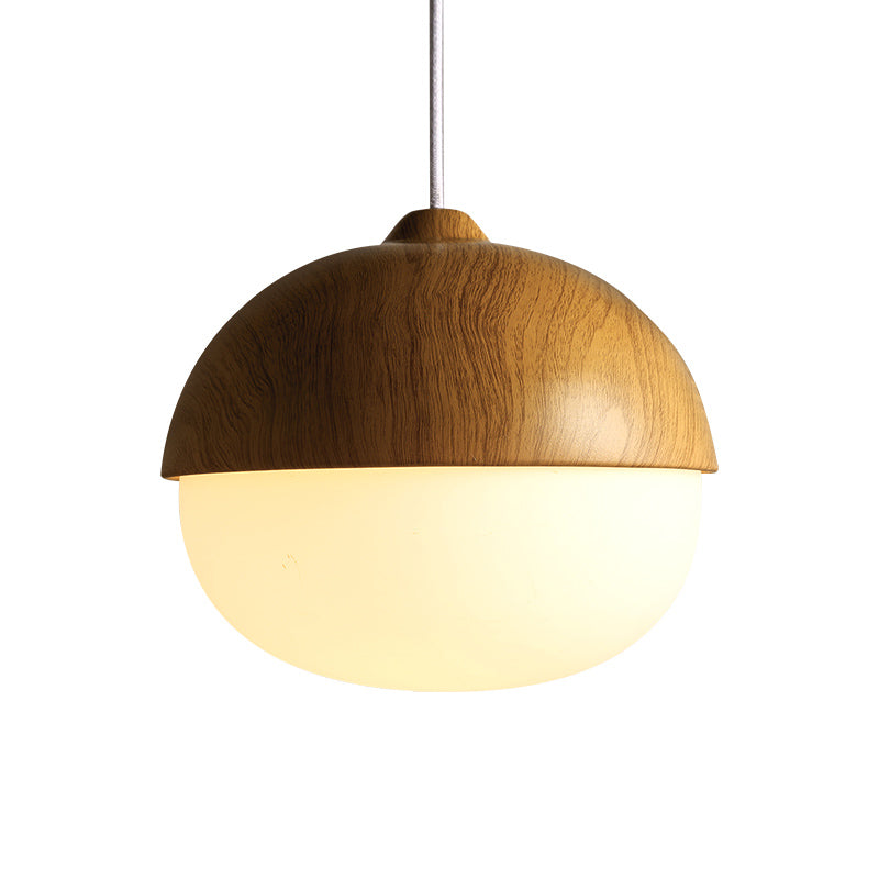 Simple Wooden Pendant Light with Ivory Glass Shade in Brown