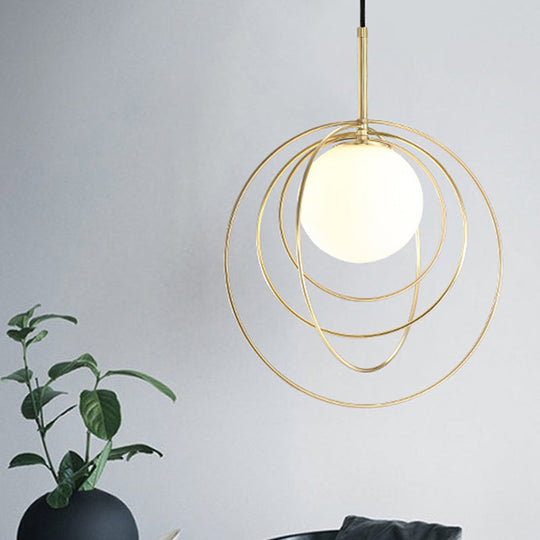 Gold Wire Cage Pendant Light with Opal Glass Shade - Moveable & Modern Design