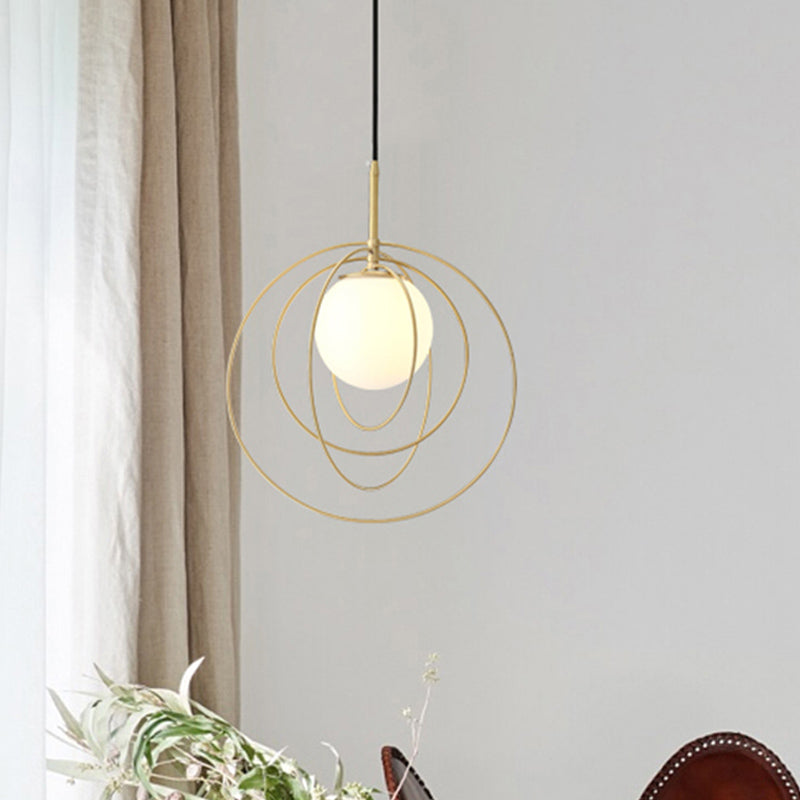 Gold Wire Cage Pendant Light with Opal Glass Shade - Moveable & Modern Design