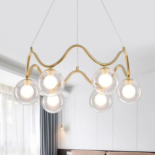 Modern Brass Chandelier with 6-Lights, Iron Wave Pendant Ceiling Light, Clear/White Double Ball Glass Shade