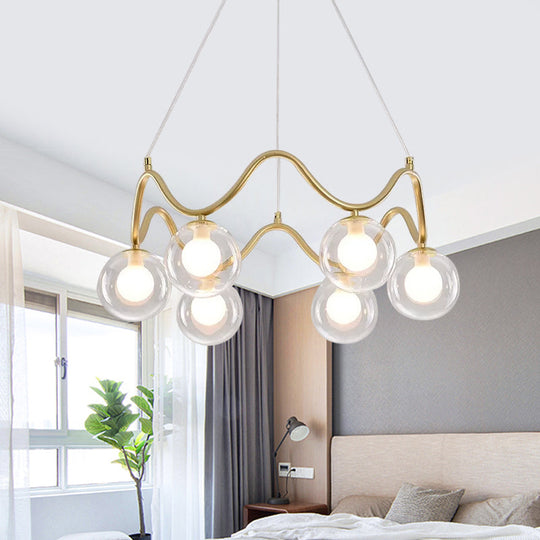 Modern Brass Chandelier with 6-Lights, Iron Wave Pendant Ceiling Light, Clear/White Double Ball Glass Shade
