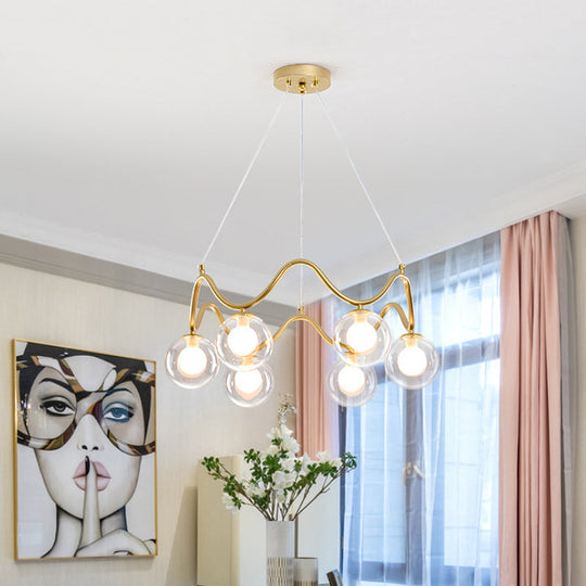 Modern Brass Chandelier with 6-Lights, Iron Wave Pendant Ceiling Light, Clear/White Double Ball Glass Shade