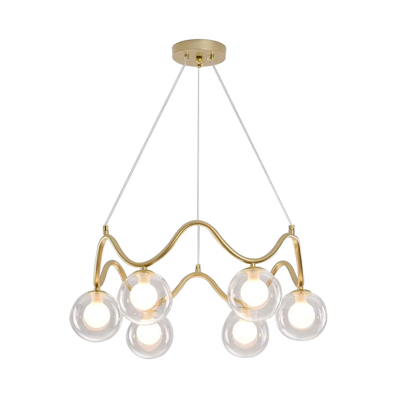 Modern Brass Chandelier with 6-Lights, Iron Wave Pendant Ceiling Light, Clear/White Double Ball Glass Shade