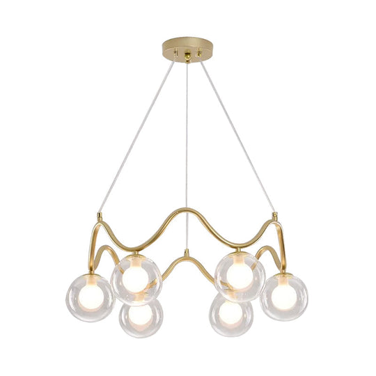 Modern Brass Chandelier with 6-Lights, Iron Wave Pendant Ceiling Light, Clear/White Double Ball Glass Shade