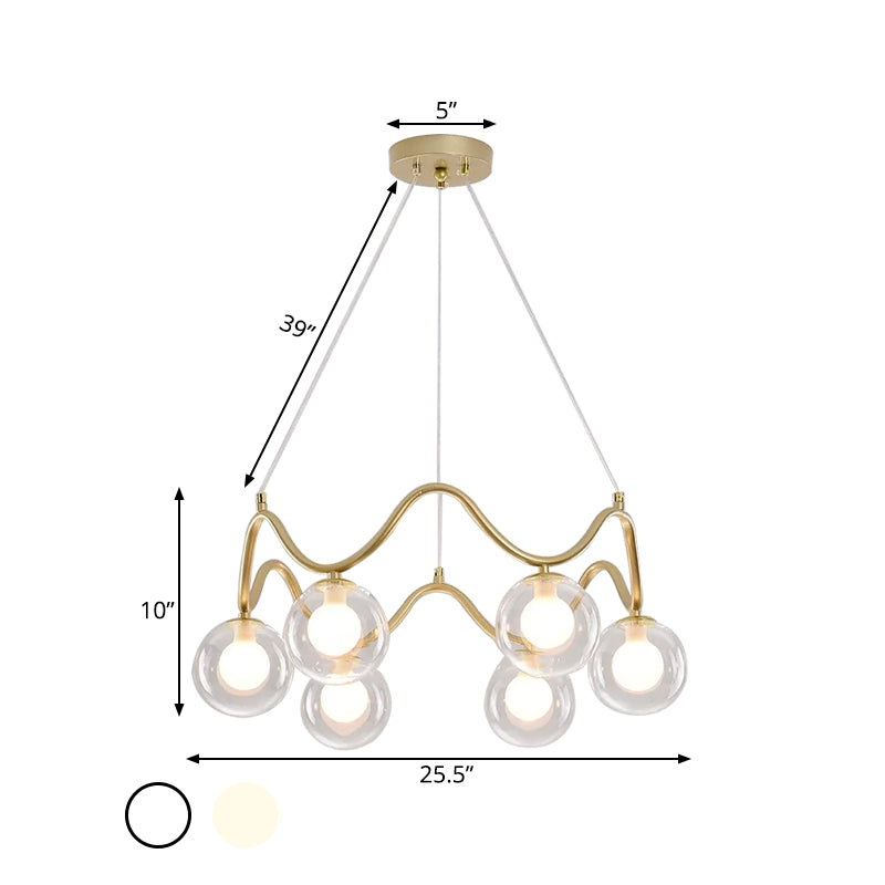 Modern Brass Chandelier with 6-Lights, Iron Wave Pendant Ceiling Light, Clear/White Double Ball Glass Shade