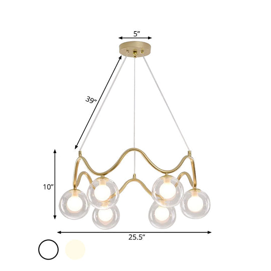 Modern Brass Chandelier with 6-Lights, Iron Wave Pendant Ceiling Light, Clear/White Double Ball Glass Shade