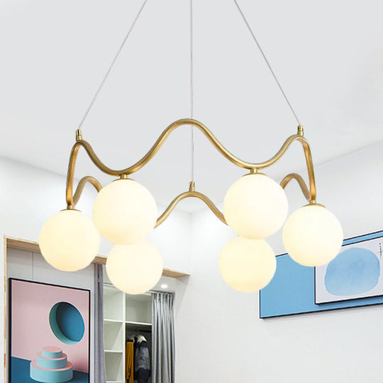 Modern Brass Chandelier with 6-Lights, Iron Wave Pendant Ceiling Light, Clear/White Double Ball Glass Shade