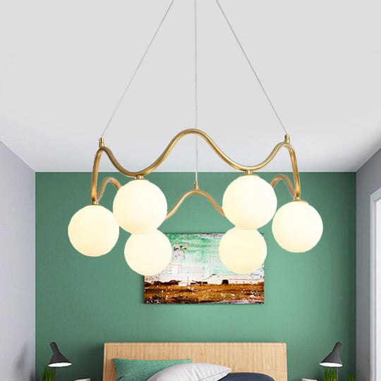 Modern Brass Chandelier with 6-Lights, Iron Wave Pendant Ceiling Light, Clear/White Double Ball Glass Shade